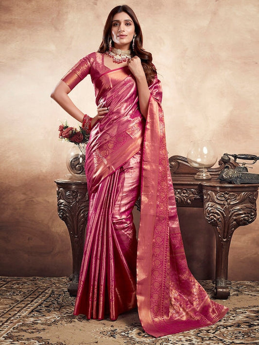 Satrani Pink & Gold Toned Floral Woven Design Zari Jacquard Banarasi Saree