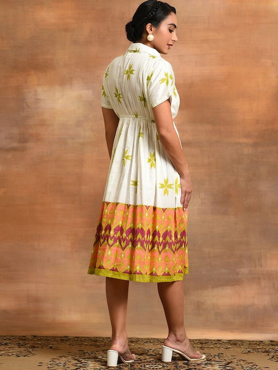 AKS Ethnic Motifs Printed Flared Gathered Fit & Flare Cotton Dress