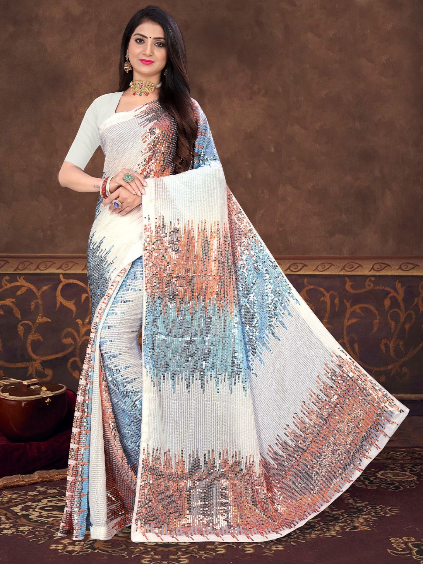 Odette Sparkling Multicolored Sequins Saree with Unstitched Blouse
