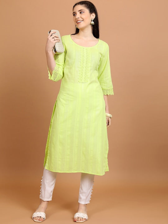 Vishudh Lime Green Striped Pure Cotton Straight Kurta