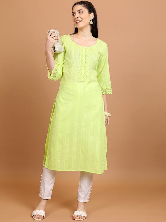 Vishudh Lime Green Striped Pure Cotton Straight Kurta