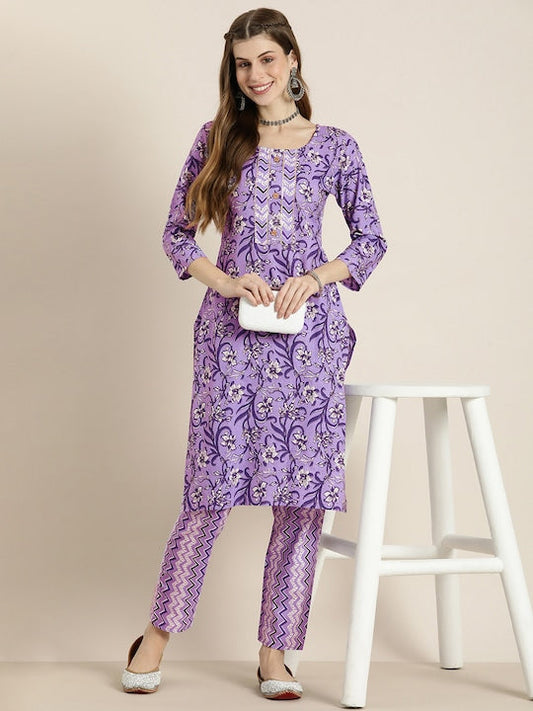 Here&now Women Floral Printed Gotta Patti Pure Cotton Kurta with Trousers