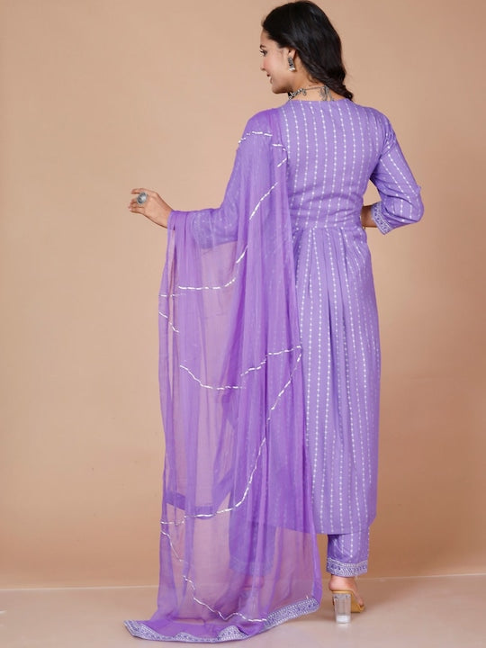 Here&now Women Purple Striped Empire Kurta with Trousers & With Dupatta