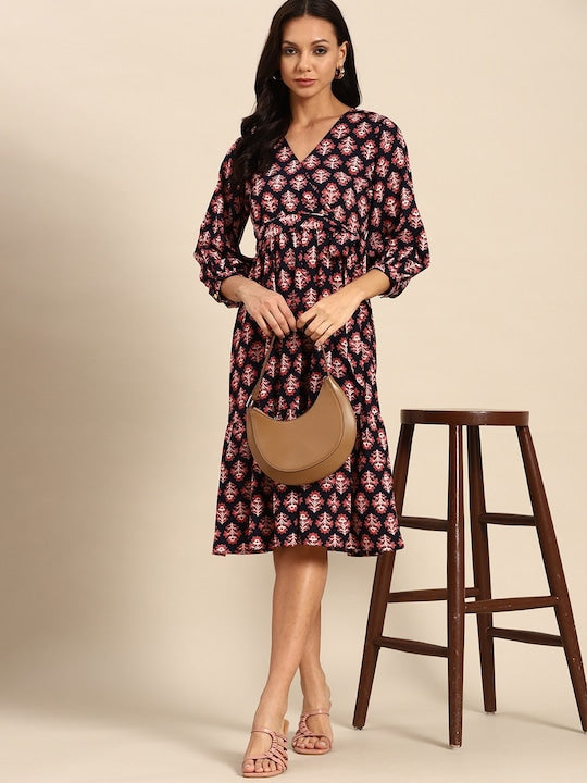 All about you Ethnic Motifs Print Puff Sleeve Midi Dress