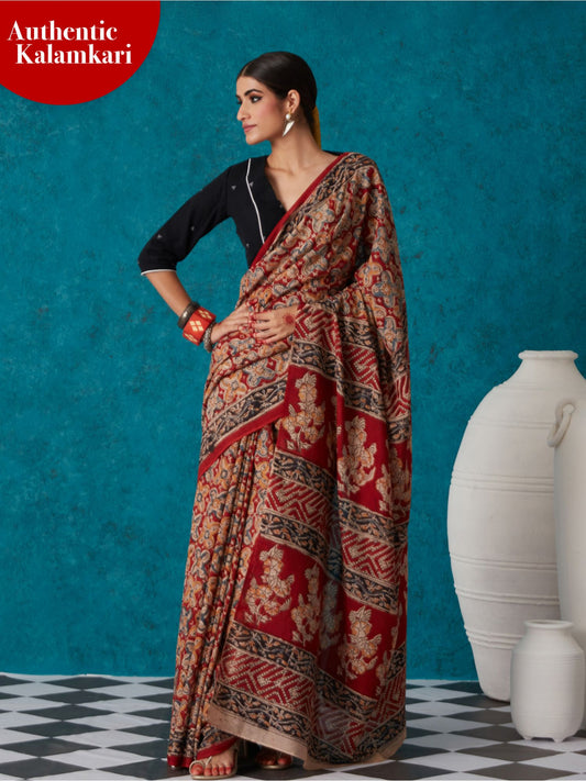 Likha Red Kalamkari Hand Block Printed Saree with Unstitched Blouse LIKSAR02 (One Size)