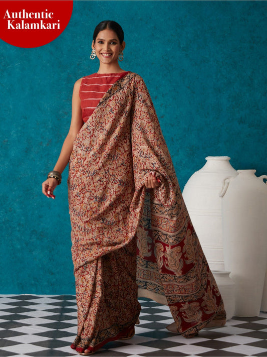 Likha Red Kalamkari Hand Block Printed Saree with Unstitched Blouse LIKSAR06 (One Size)