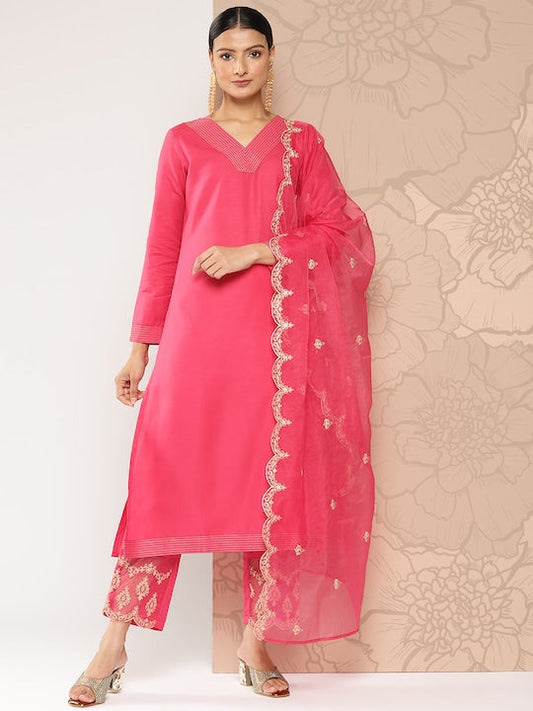 Yufta Women Embroidered Regular Thread Work Kurta with Trousers & With Dupatta