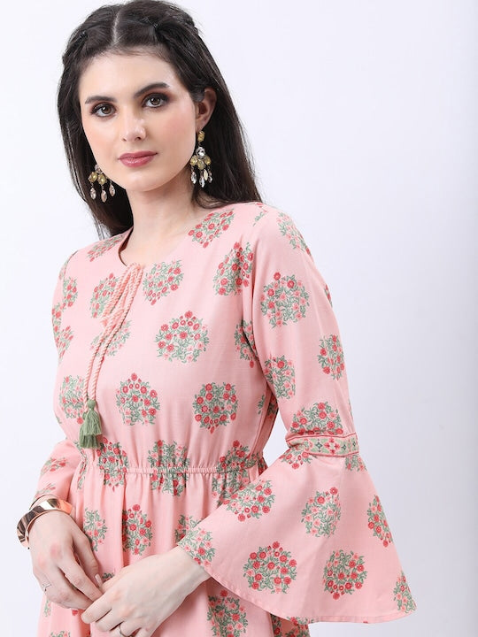 Vishudh Peach-Coloured Floral Print Bell Sleeve Maxi Dress