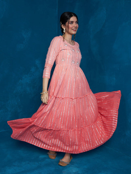 Likha Peach Stripes Hand Embroidered Bead Work Tiered Dress