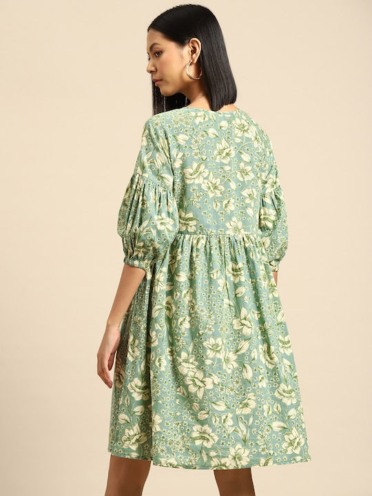 All about you Floral Print Tie-Up Neck A-Line Dress