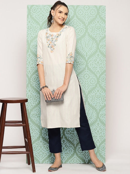 Yufta Striped & Floral Embroidered Thread Work Cotton Kurta