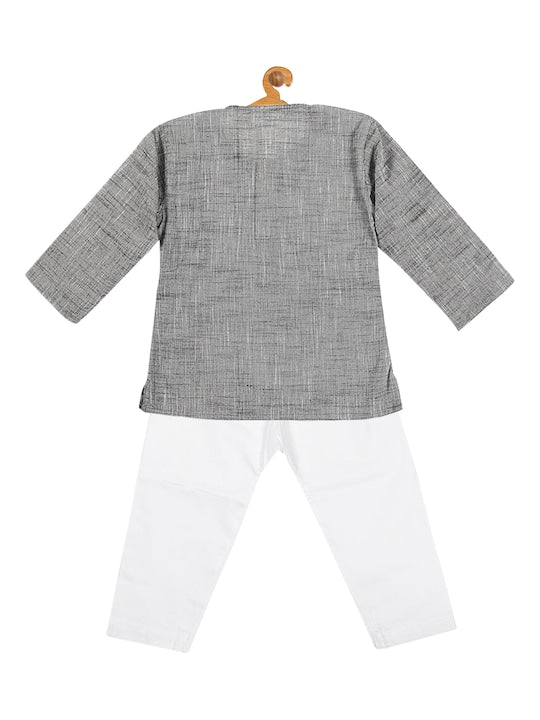 Vastramay Sishu Boys Grey and White Pure Cotton Kurta with Pyjama