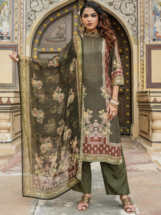 SCAKHI Floral Printed Regular Kurta with Trousers & Dupatta