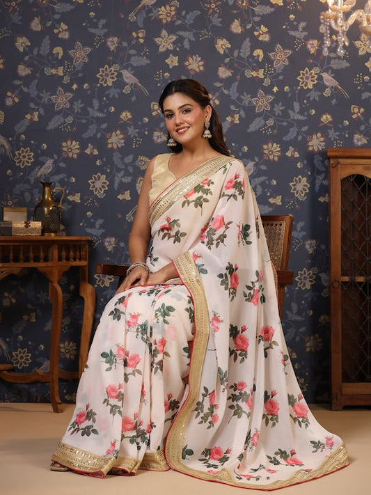 House of Pataudi Pure Georgette Floral Printed Sequinned Saree