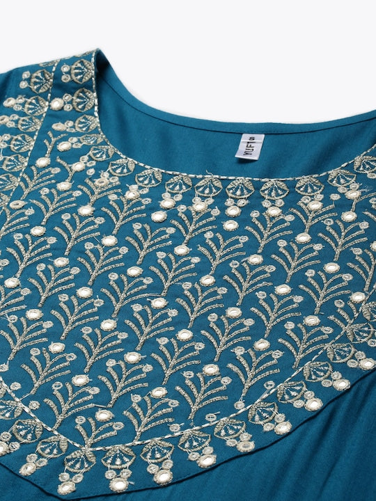 Yufta Women Teal Blue Yoke Design Mirror Work Kurta