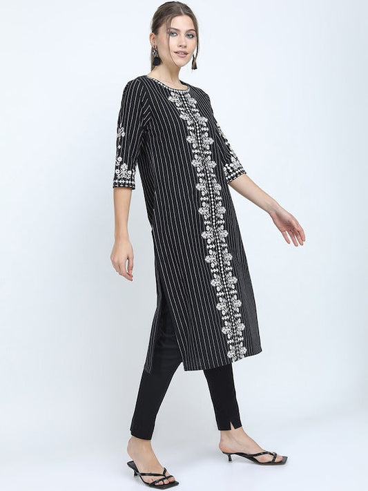 Vishudh Women Black & White Printed Cotton A-line Kurta