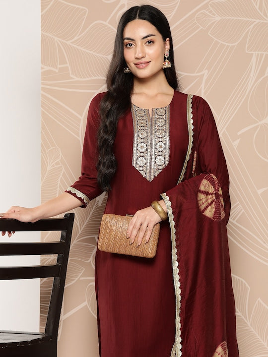 Yufta Ethnic Motifs Yoke Design Regular Kurta with Trousers & Dupatta