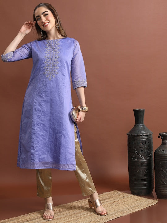 Vishudh Mauve Ethnic Motifs Embroidered Boat Neck Indigo Cotton Straight Kurta