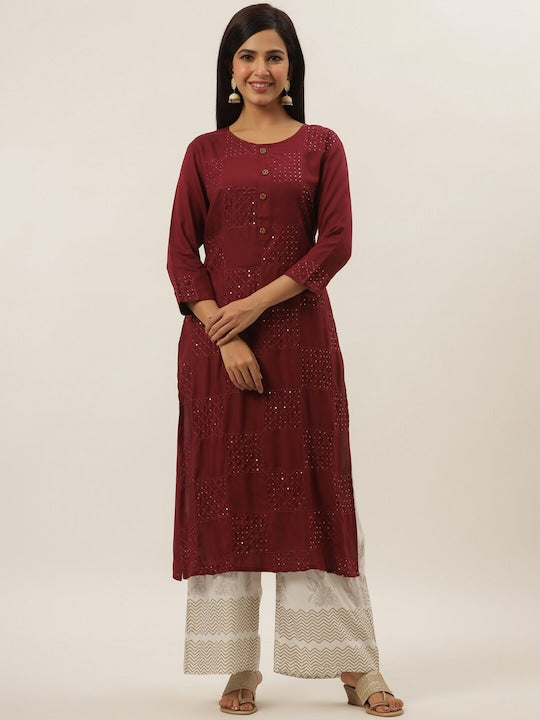Yufta Women Maroon Embroidered Panelled Sequinned Kurti with Trousers & With Dupatta