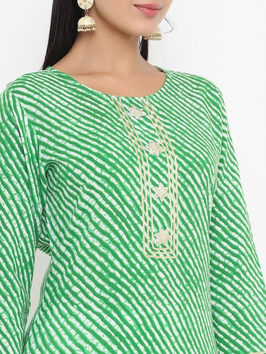 Yufta Women Green Leheriya Printed Kurta