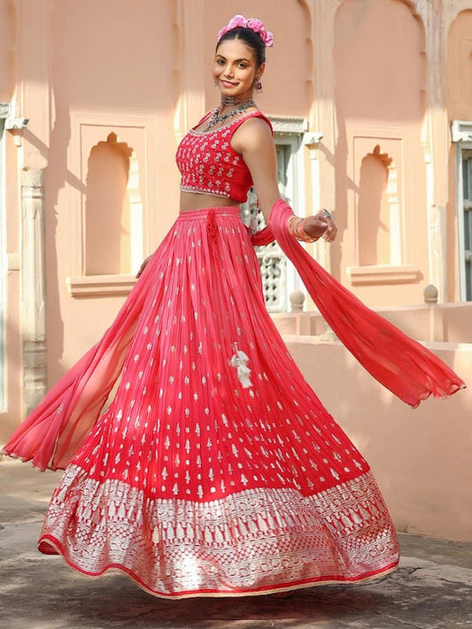 Scakhi Embroidered Zari Foil Print Ready to Wear Lehenga Set