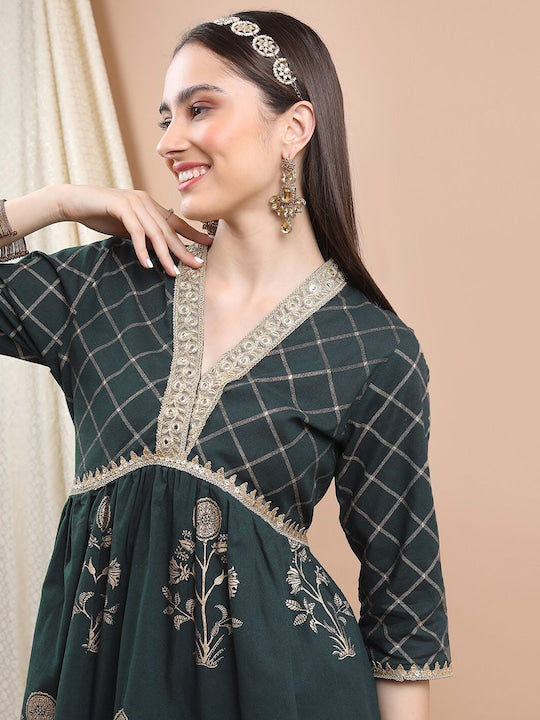 Vishudh V-Neck Floral Printed Sequined Fit & Flare Ethnic Dress
