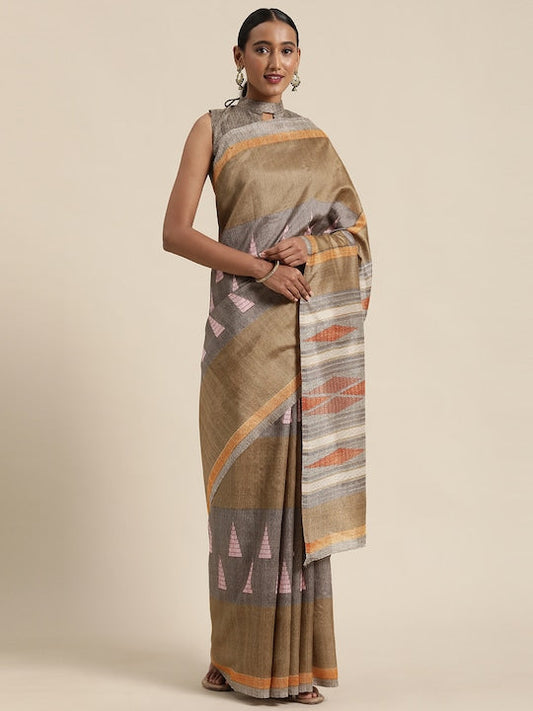 Saree mall Beige & Grey Printed Bhagalpuri Saree