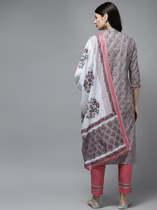 Yufta Women Grey Pure Cotton Ethnic Printed Gotta Patti Kurta with Trousers & Dupatta