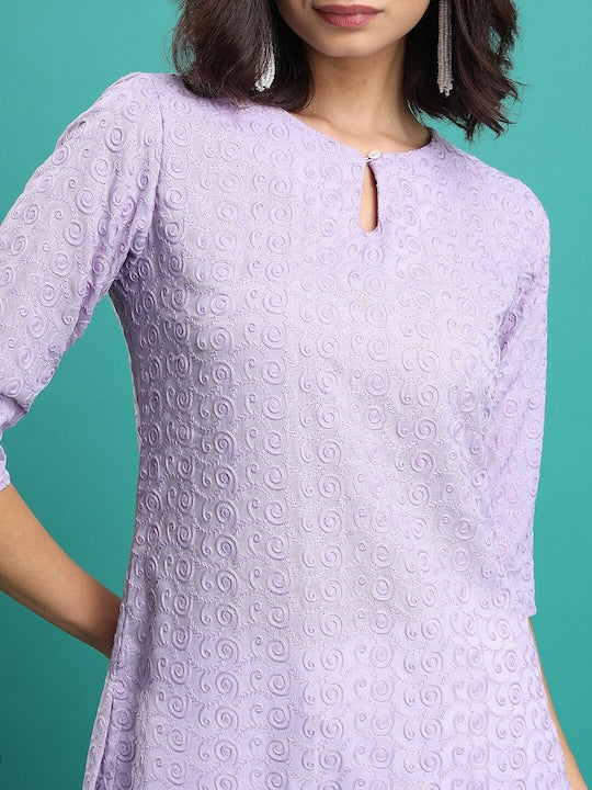 Vishudh Lavender Ethnic Motifs Embroidered Keyhole Neck Thread Work Straight Kurta