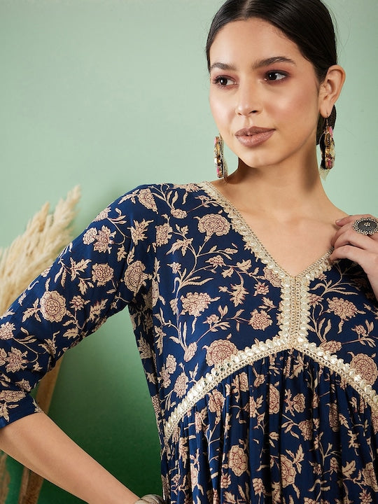 Sangria Jaal Printed Pure Cotton A-Line Kurta With Trousers Kurta