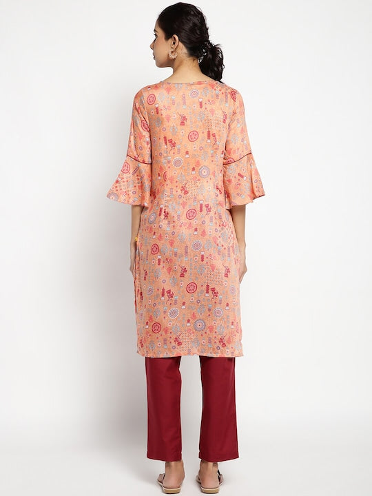 Aurelia Women Peach-Coloured Ethnic Motifs Printed Kurta with Trouser