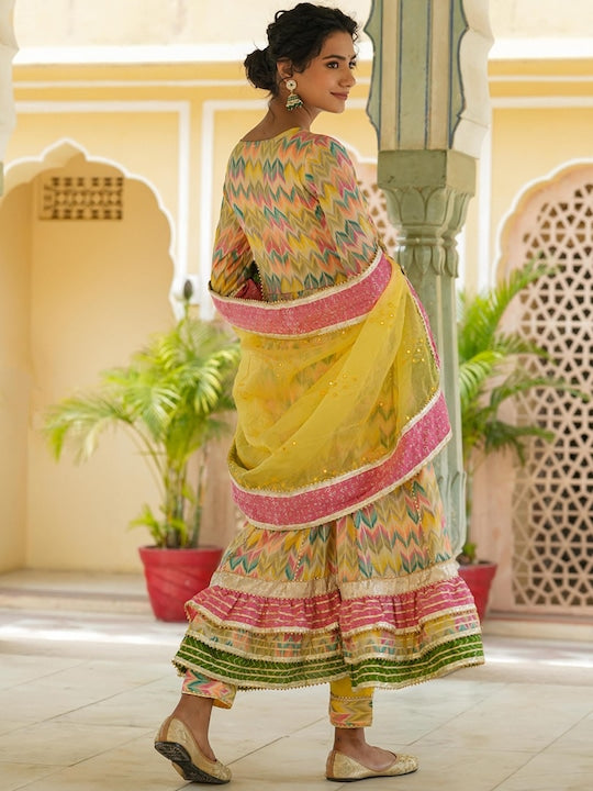 Scakhi Chevron Printed Angrakha Gotta Patti Kurta with Trousers & Dupatta