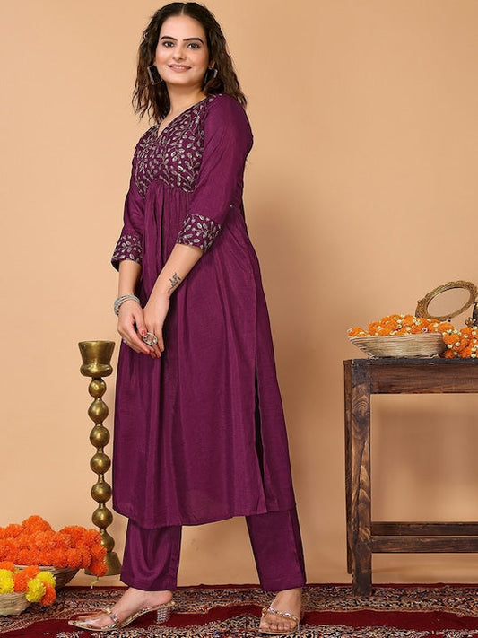 Here&now Floral Embroidered Sequinned Kurta With Trousers & Dupatta