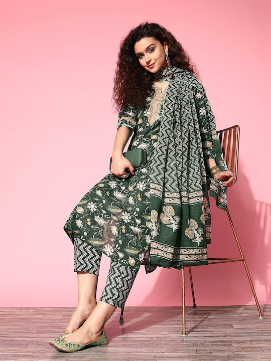 Yufta Floral Printed Pure Cotton Kurta with Trousers & With Dupatta