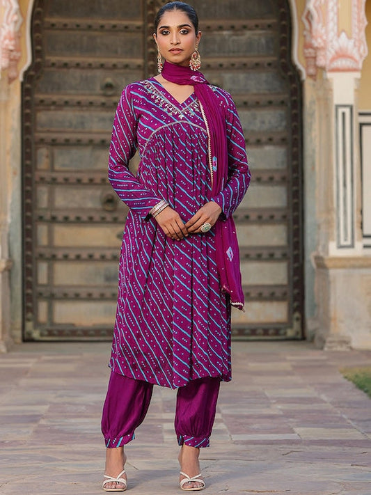 Scakhi Bandhani Printed Beads & Stones Pleated A-Line Kurta With Patiala & Dupatta