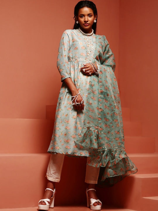 IMARA Floral Printed A-Line Regular Kurta with Trousers With Dupatta