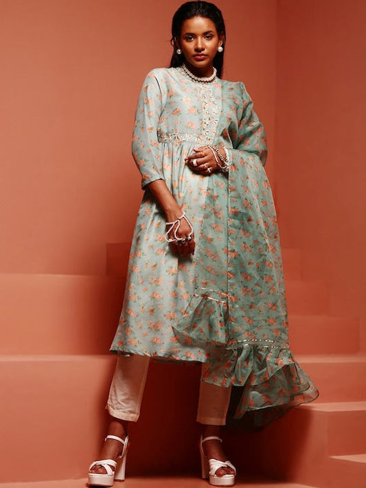 IMARA Floral Printed A-Line Regular Kurta with Trousers With Dupatta