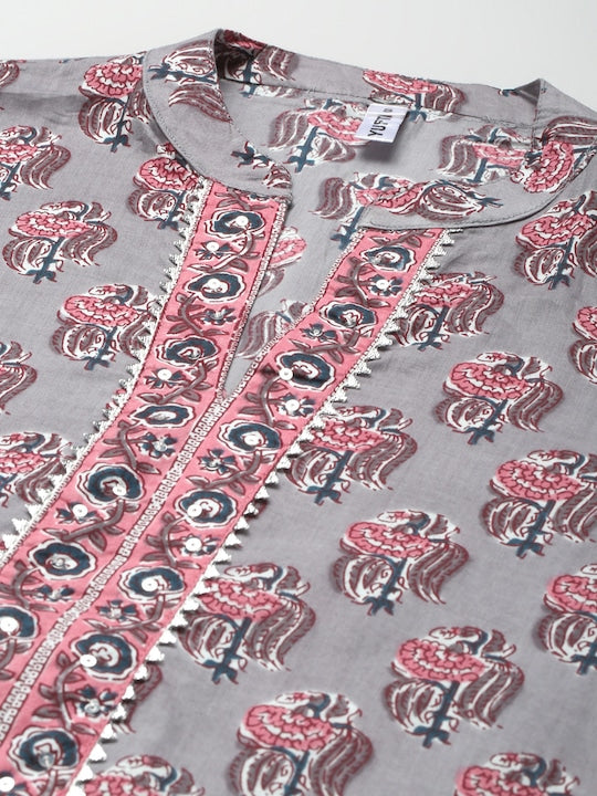Yufta Women Grey Pure Cotton Ethnic Printed Gotta Patti Kurta with Trousers & Dupatta
