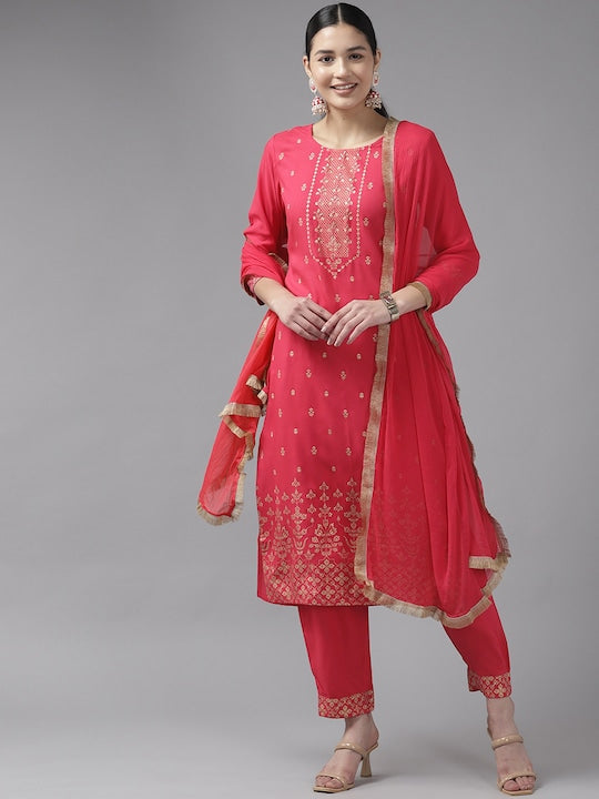 Yufta Women Floral Printed Sequinned Kurta with Trousers & Dupatta