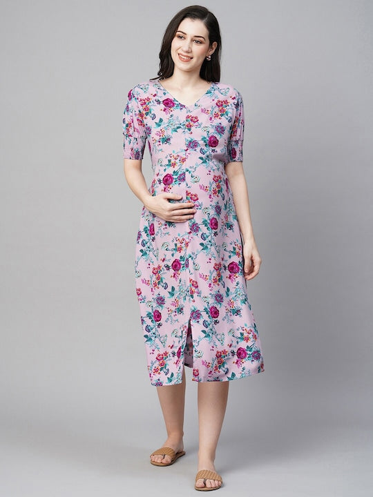 MomToBe Floral Printed Smocked Maternity A-Line Midi Dress