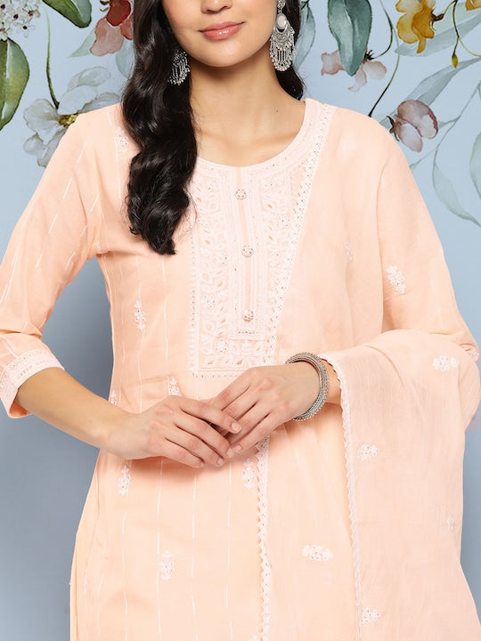 Yufta Ethnic Motifs Embroidered Sequinned Pure Cotton Kurta With Trousers & Dupatta