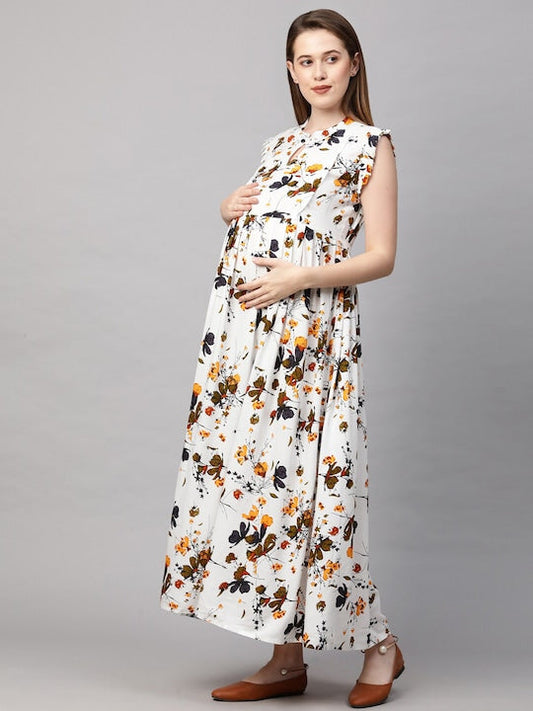 MomToBe White Floral Printed Maternity Nursing Maxi Dress