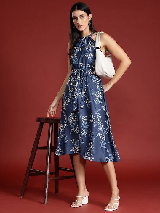 All about you Floral Print Halter-Like Neck Lace Detailed Belted A-Line Midi Dress