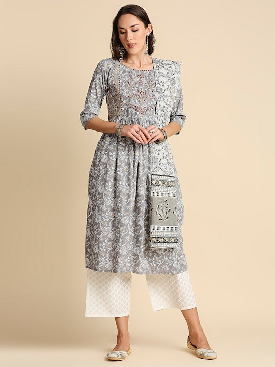 Anubhutee Women Grey & Red Pure Cotton Floral Printed A Line Kurta with Trousers & Dupatta