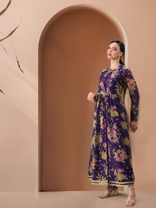 All about you Solid Maxi Dress with Floral Print Longline Jacket