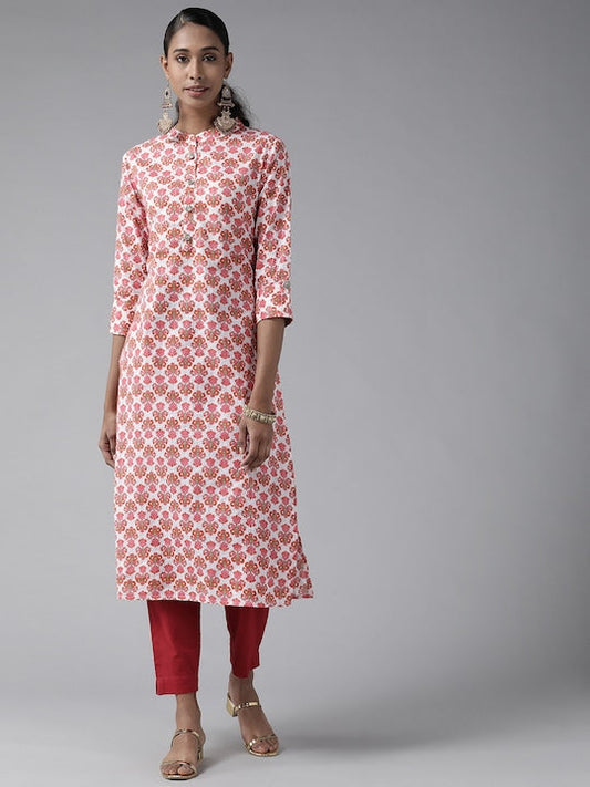 Yufta Women Off-White & Pink Ethnic Motifs Screen Print Pure Cotton Straight Kurta