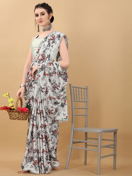 Kasee Off White & Grey Floral Satin Saree