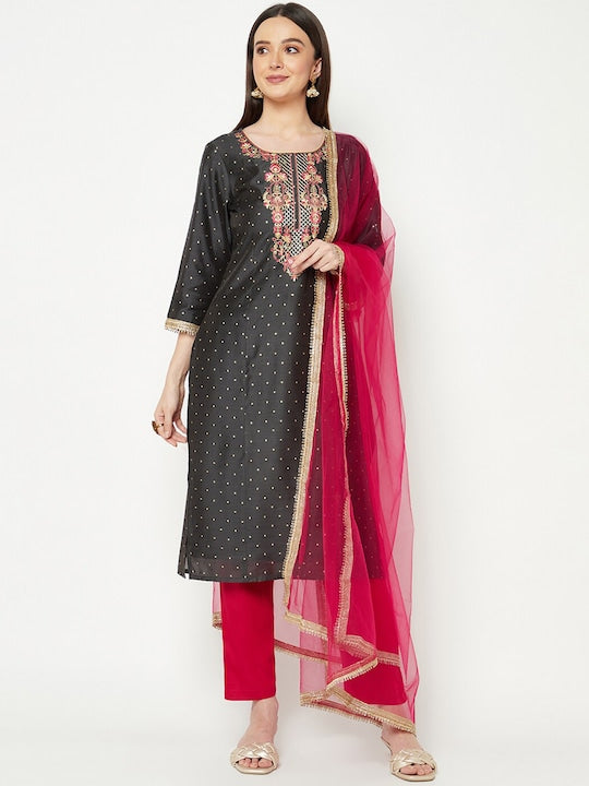 IMARA Geometric Printed Thread Work Chanderi Cotton Kurta & Trousers With Dupatta