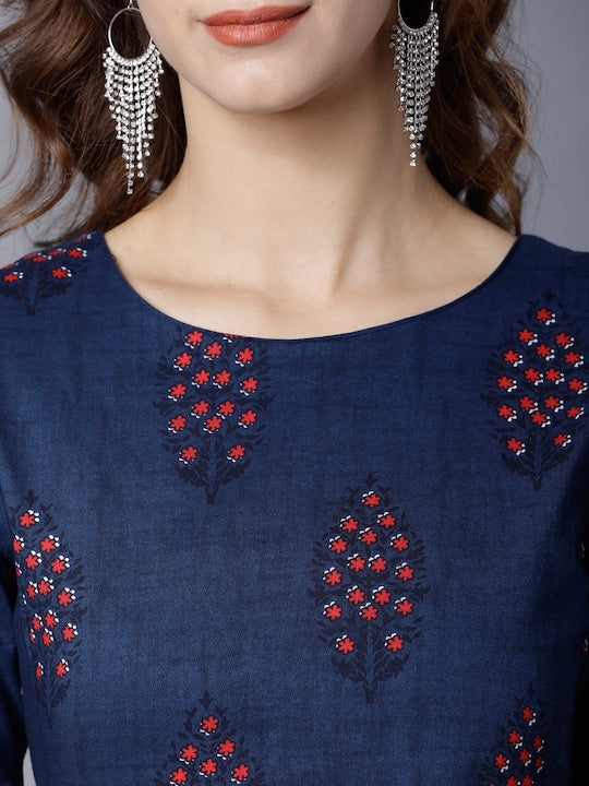 Vishudh Navy Blue Ethnic Motifs Printed Cotton Maxi Dress