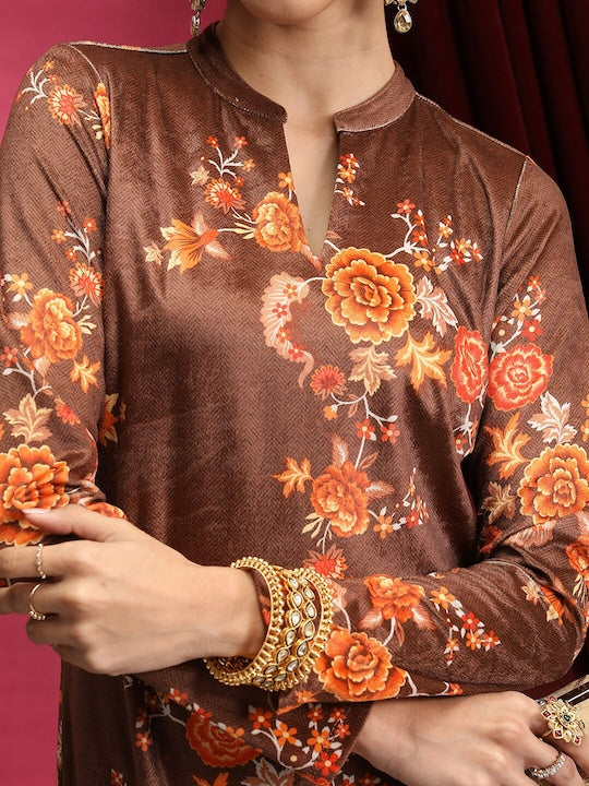 Vishudh Brown Floral Printed Straight Kurta